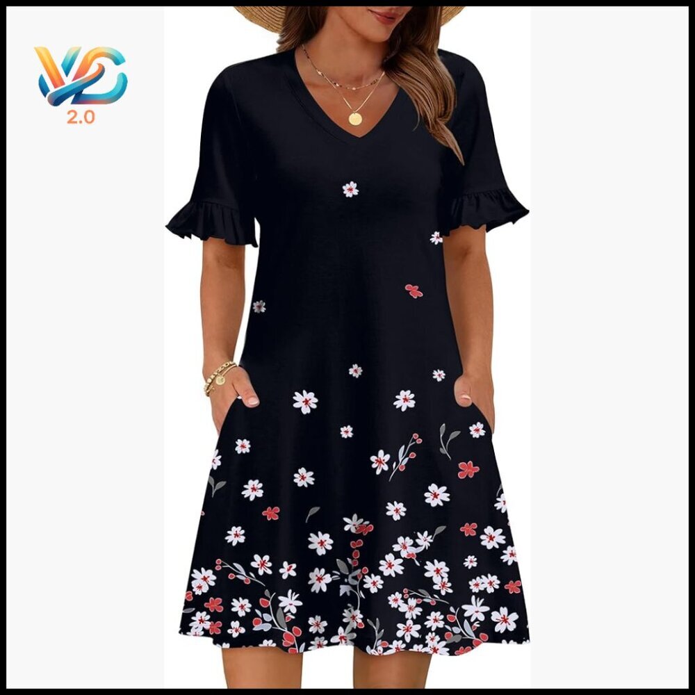 A-Line V-Neck Floral T-Shirt Dress with Pockets and Ruffle Sleeves